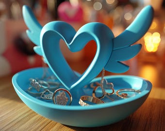 Organizador de joyas con forma de corazón alado / Soporte para anillos con forma de corazón / Bandeja para pendientes impresa en 3D / Bandeja romántica para baratijas / Regalo de tocador de San Valentín para ella