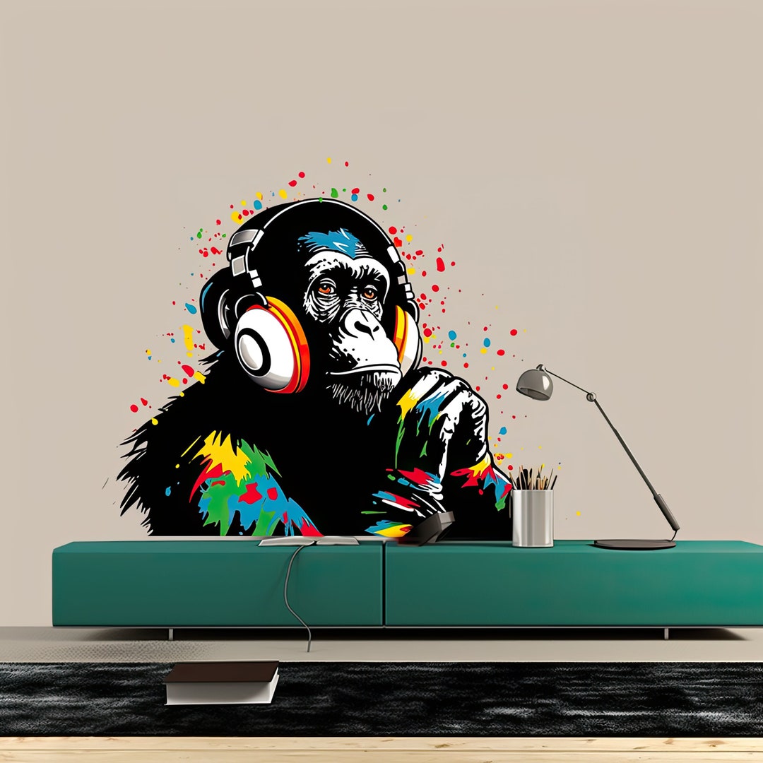 DJ Monkey Wall Decal Vinyl Art Mural Thinking Gorilla With Headphones