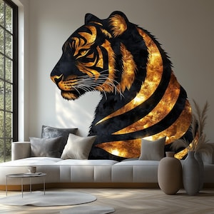 Golden Tiger Wall Sticker Decal | Regal 3D Tiger Mural Art | Elegant Animal Wall Decor for Living Room, Office, Bedroom, Nature Accent