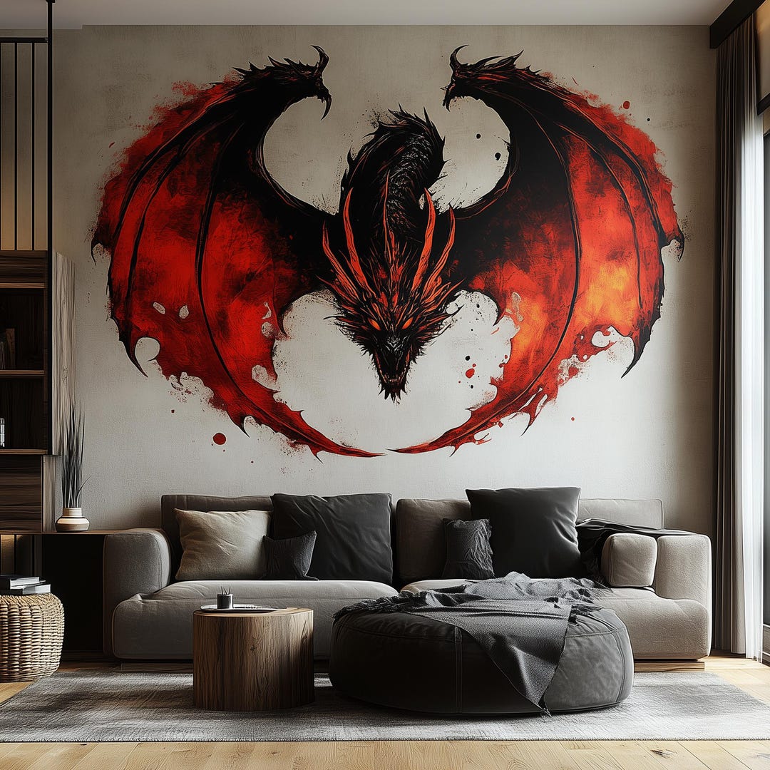 Fiery Dragon Wall Sticker | Bold Red Black Fantasy Wall Art Decal ...