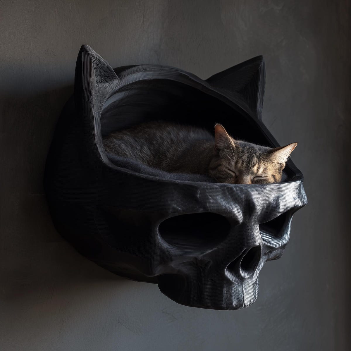 Dark Fantasy Skull Wall Mounted Pet Bed - Ink Black | 3D Printed Gothic Cave Shelf | Floating Black Kitty Lounger for Modern Interiors | Bold Wall Decor