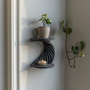 Spiralna półka ścienna drukowana w 3D | Nowoczesny, dwupoziomowy, wiszący ekspozytor narożny | Rzeźbiarski, minimalistyczny akcent dekoracyjny do współczesnych wnętrz zdjęcie 5