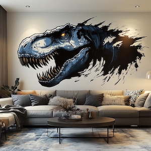 T-Rex Dinosaur Wall Sticker Decal | Fierce 3D Dine Mural | Realistic Dinosaur Wall Art for Kids Room, Bold 3D Effect Wall Sticker Man Cave