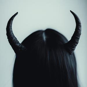 May include: A person with long black hair wearing a pair of black devil horns.