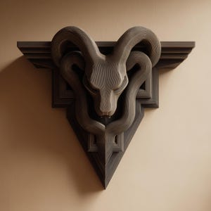 Könnte beinhalten: Dunkelgraue, geschnitzte Holz-Wandskulptur mit einem stilisierten Widderkopf mit geschwungenen Hörnern. Die Skulptur hat ein geometrisches Design mit dreieckiger Basis und rechteckiger Oberseite.