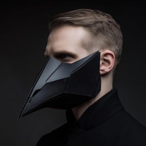May include: A black, angular mask with a beak-like shape, covering the lower face. The mask is worn by a person in a black coat. The design has a futuristic, geometric aesthetic. The background is a dark grey.