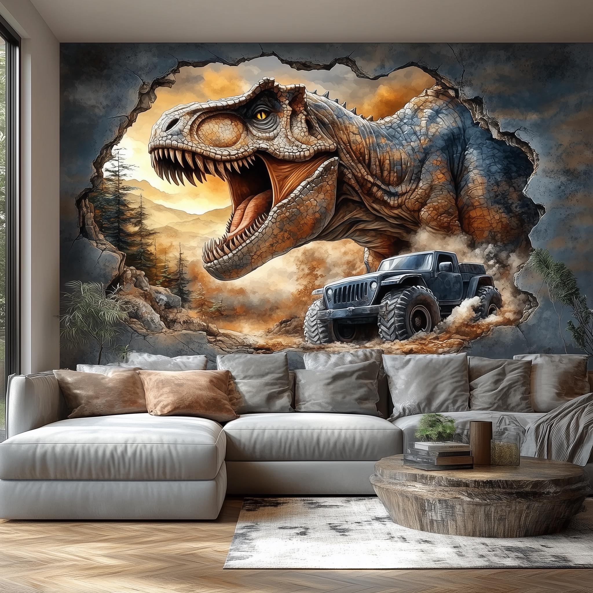 Dinosaur Wall Decal | 3D T-Rex Breakthrough Monster Truck Mural | Realistic Wall Sticker Art for Kids Room, Bedroom, Man Cave Decor