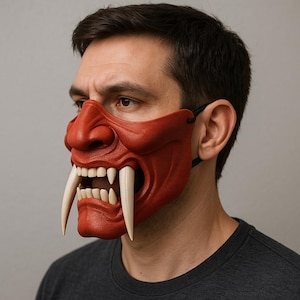Máscara de media cara de Oni de dos colores / Máscara de demonio impresa en 3D / Máscara de samurái para cosplay / Máscara de disfraz de Halloween / Máscara de Oni japonesa / Regalo para él