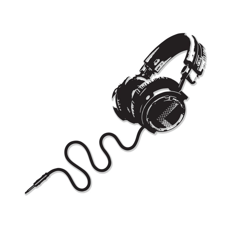 May include: Black and white illustration of a pair of headphones with a coiled cord.