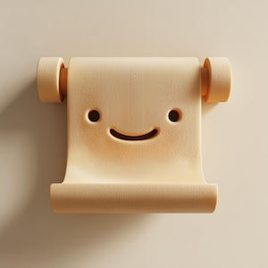 May include: A beige, scroll-shaped object with a smiling face carved into it. The scroll is rolled at the top and bottom, with a textured surface. The background is a solid, light beige colour.