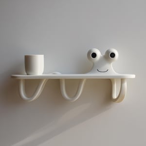 May include: A whimsical white wall shelf with a smiling face design, featuring two large eye-like structures and a curved mouth. The shelf has a curved design with three downward-facing hooks. A white cup sits on the shelf.