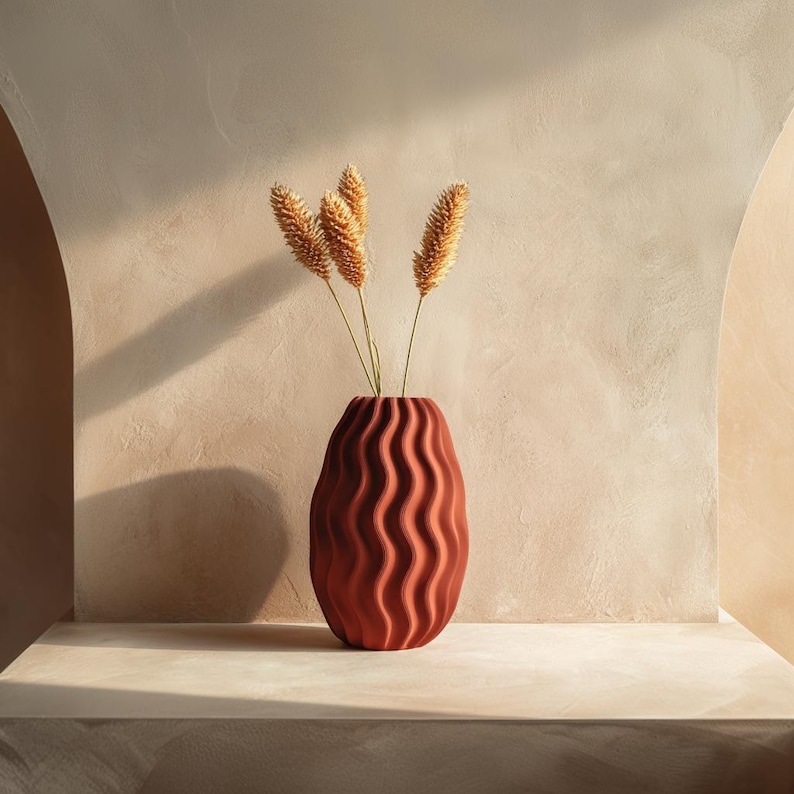 Vaso ondulado impresso em 3D | Vaso moderno em estilo terracota | Vaso minimalista e orgânico | Vaso decorativo em plástico PLA para flores secas imagem 5