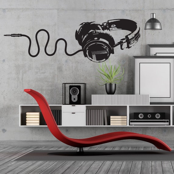Music Wall Decal Decor - Vinyl Dj Headphones Sticker For Teen Boy Room - Musical Cool Headphone Art Mural - Music Dance Floor Stickers