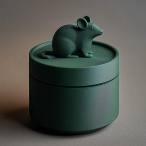 Könnte beinhalten: Ein dunkelgrüner, zylindrischer Behälter mit passendem Deckel. Auf dem Deckel sitzt eine detaillierte grüne Mausfigur. Der Behälter hat eine strukturierte Oberfläche und ein minimalistisches Design, geeignet für die Aufbewahrung oder Präsentation.