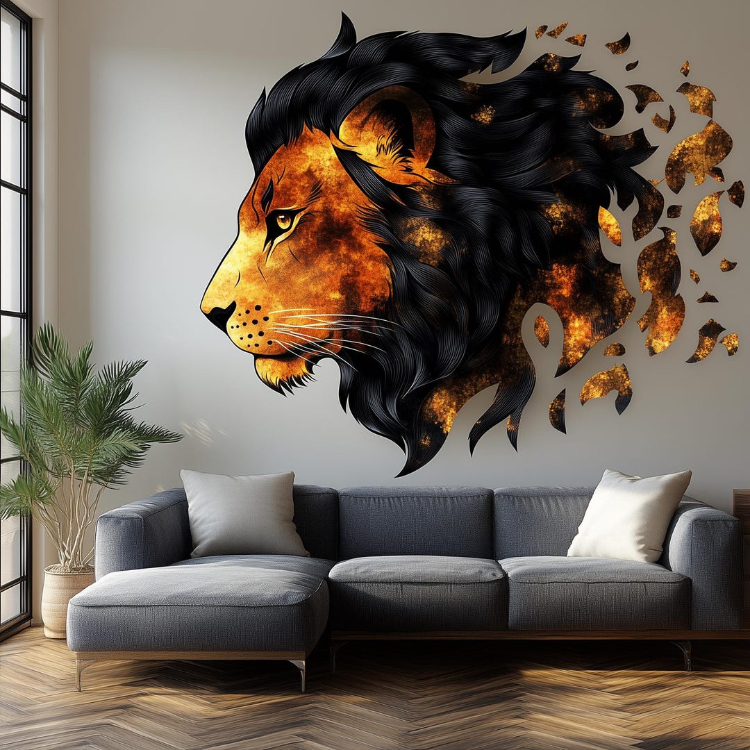 Fiery Lion Wall Decal | Abstract 3D Lion Mural Art | Bold Animal Wall ...