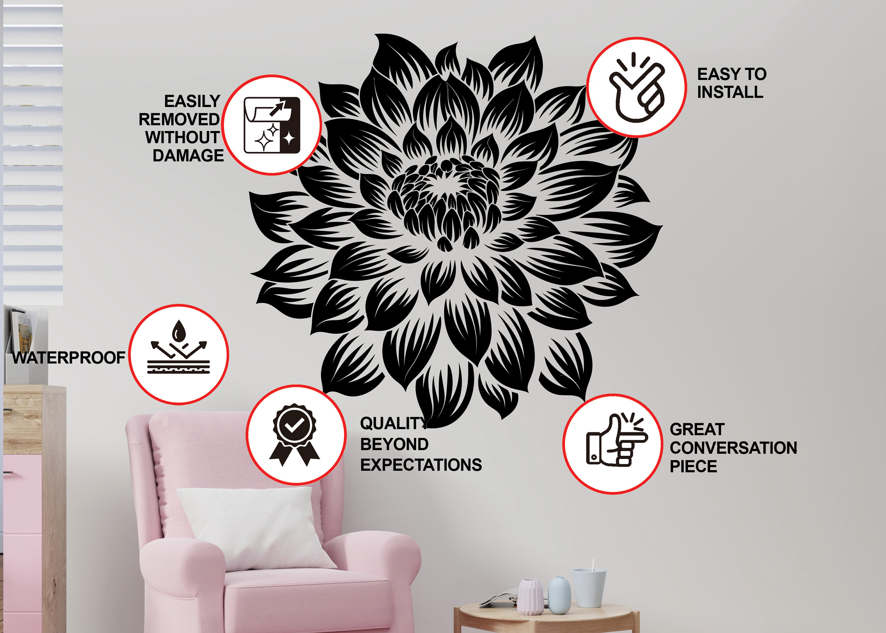 Large Vinyl Flower Wall Decal - Elegant Floral Wall Sticker - Home ...