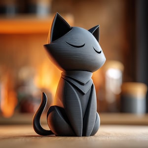 Può includere: Una statuetta di gatto nero opaco dal design liscio e stilizzato. Il gatto è raffigurato in posizione seduta con la coda curva verso l'alto, orecchie a punta e occhi chiusi, caratterizzato da una finitura superficiale testurizzata sull'intero oggetto.