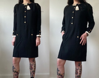 Chanel vintage Black dress w/ Iconic Chanel logo buttons and satin trim