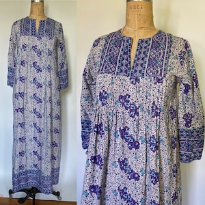 Vintage 1970s cotton caftan Floral Block print dress with pockets by Ramona Rull