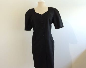 Black Linen sheath dress w/ oversize pockets Pisanti label size EU 48 L/XL