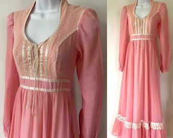 Gunne Sax 1970's Maxi vestido de novia renacentista romántico rosa