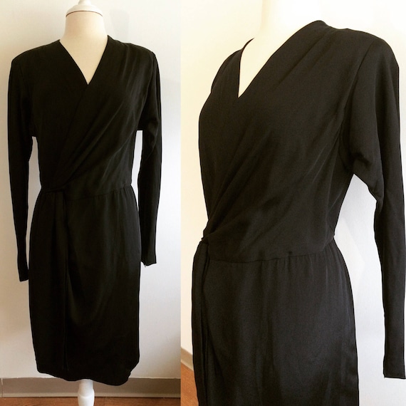 1980s Vintage Black Wrap Dress Soft silky jersey … - image 1