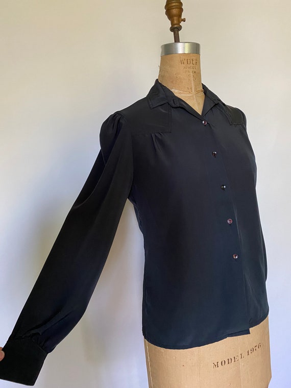 1980s black silky puffy sleeve blouse - image 2
