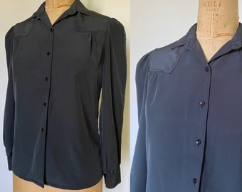 1980s black silky puffy sleeve blouse