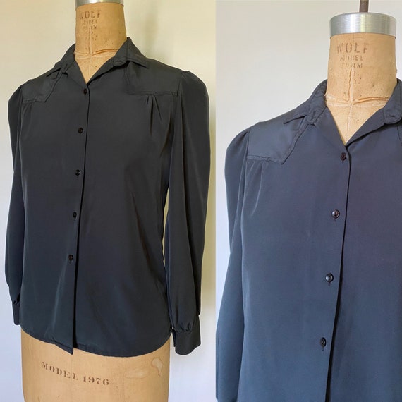 1980s black silky puffy sleeve blouse