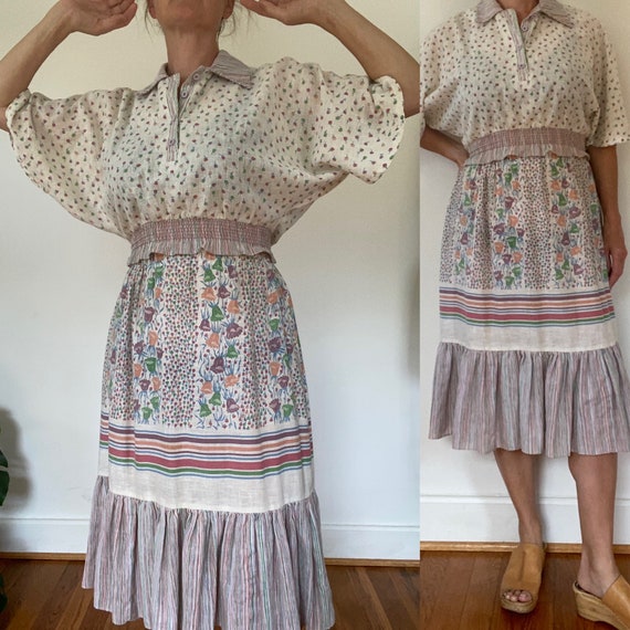 70s Natural Gauze Button Down Striped Skirt S