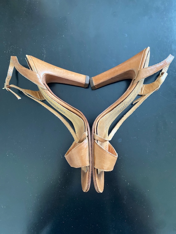 1970s vintage tan strappy high heel sandals - image 3