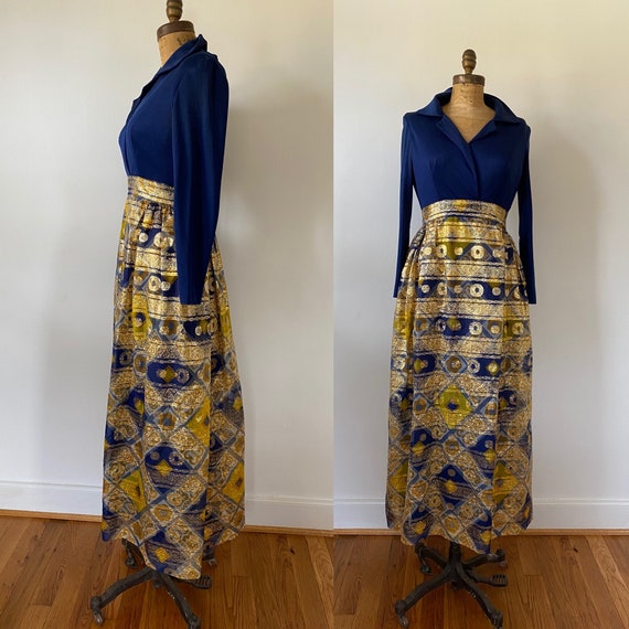 1960s Maxi Hostess Dress Blue/Gold - image 2