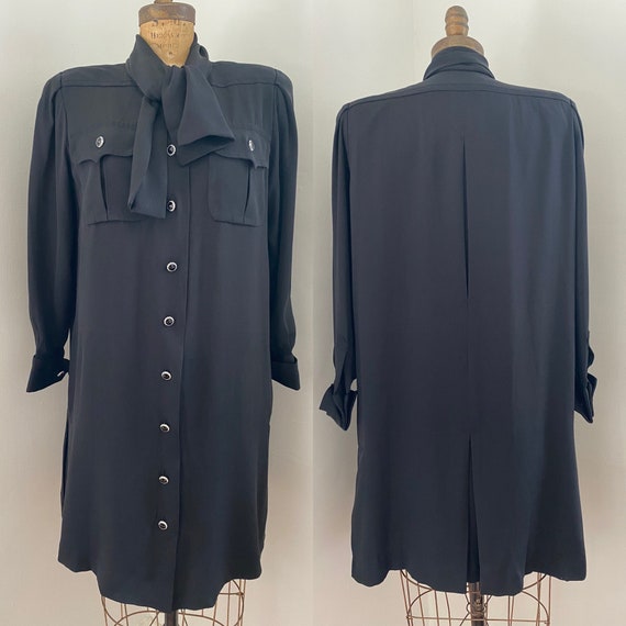 Richilene vintage 80's black silk dress with neck… - image 1