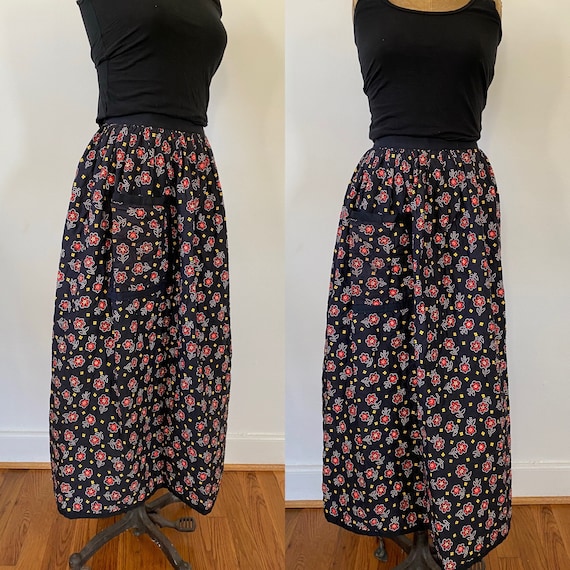 1970s quilted floral print maxi skirt - image 1
