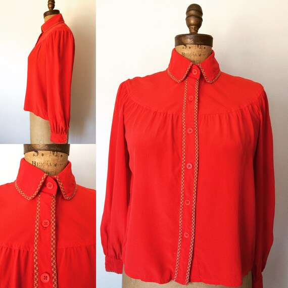 Vintage Valentino 1970’s red silk blouse with houn