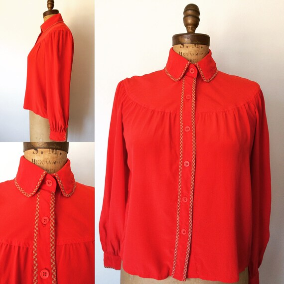 Valentino Vintage 1970’s red silk blouse with hou… - image 1