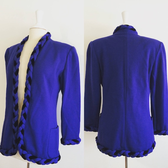 Ungaro Vintage Blue & Black Knit Blazer w/ Braided