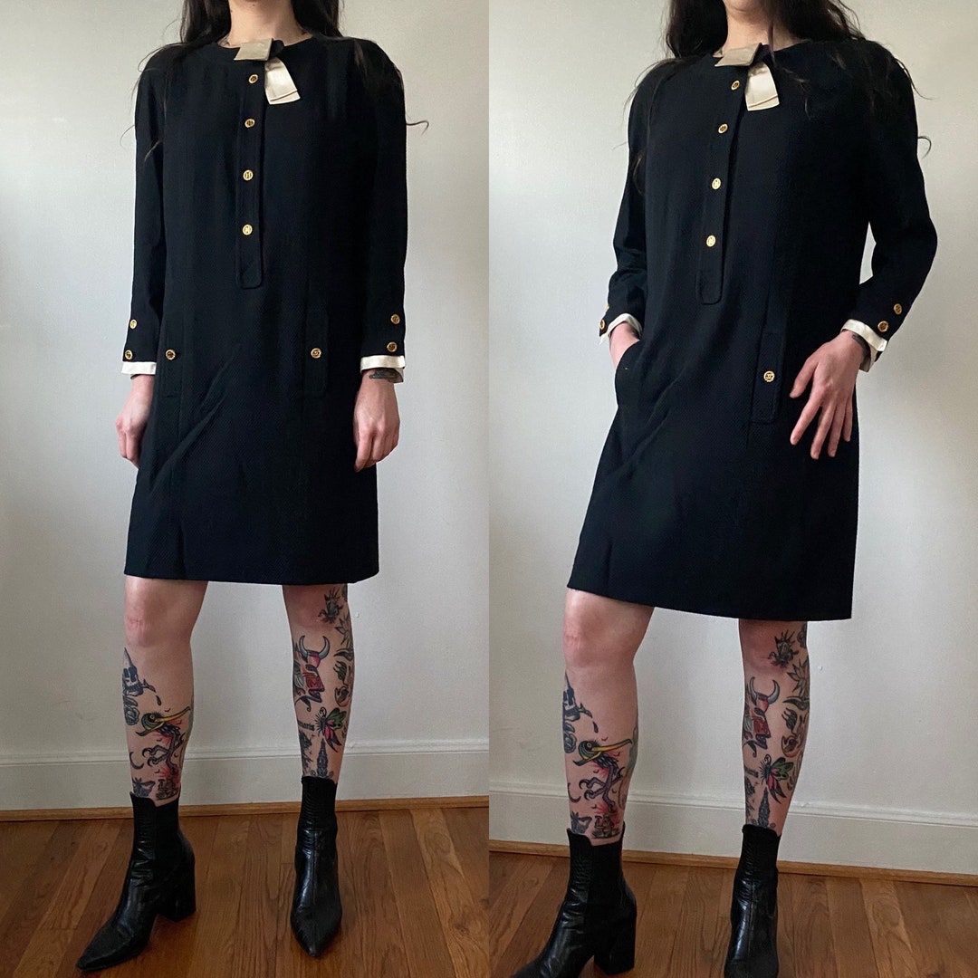 Chanel Vintage Black Dress W/ Iconic Chanel Logo Buttons and