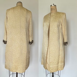1960s brocade evening dress set with rhinestone cuffs