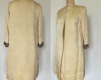 1960s brocade evening dress set with rhinestone cuffs