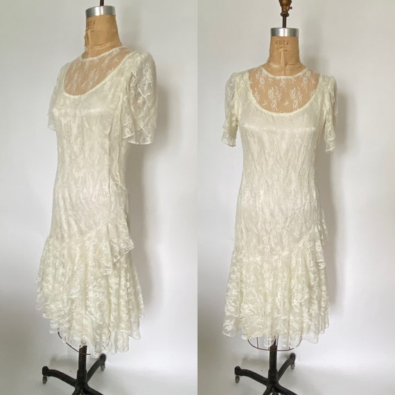 1980s white lace asymmetrical dress - image 1