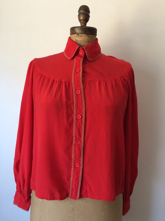 Valentino Vintage 1970’s red silk blouse with hou… - image 5