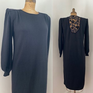 Valentino vintage Black knit cashmere/wool blend dress w/ Velvet & Rhinestone detail
