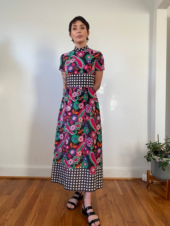 1970s Saks Floor Length Sleeve Silk Dress