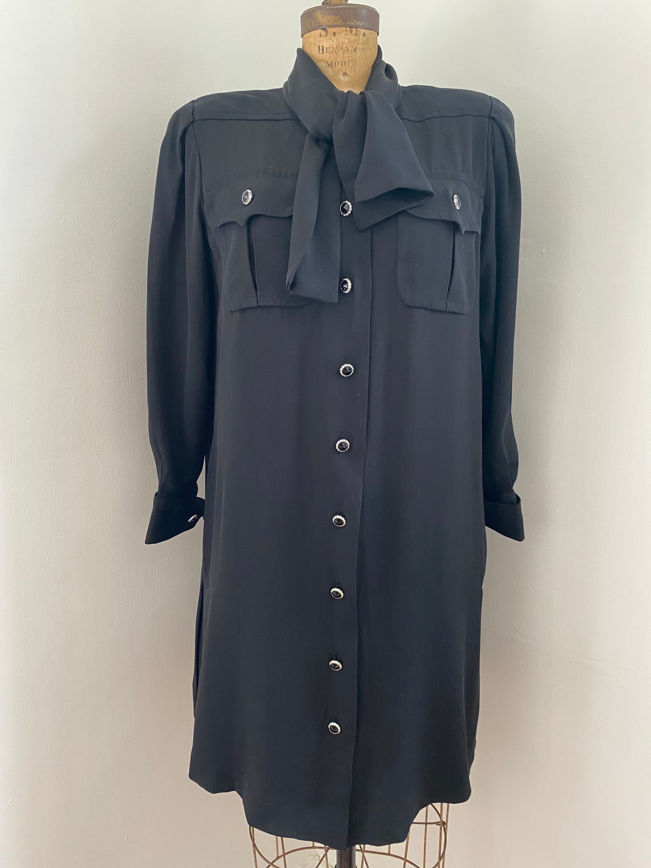 Richilene Vintage 80's Black Silk Dress With Neck Tie and - Etsy