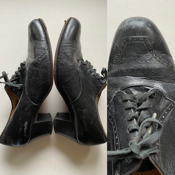 1930s black leather lace up shoes with stitching … - image 1