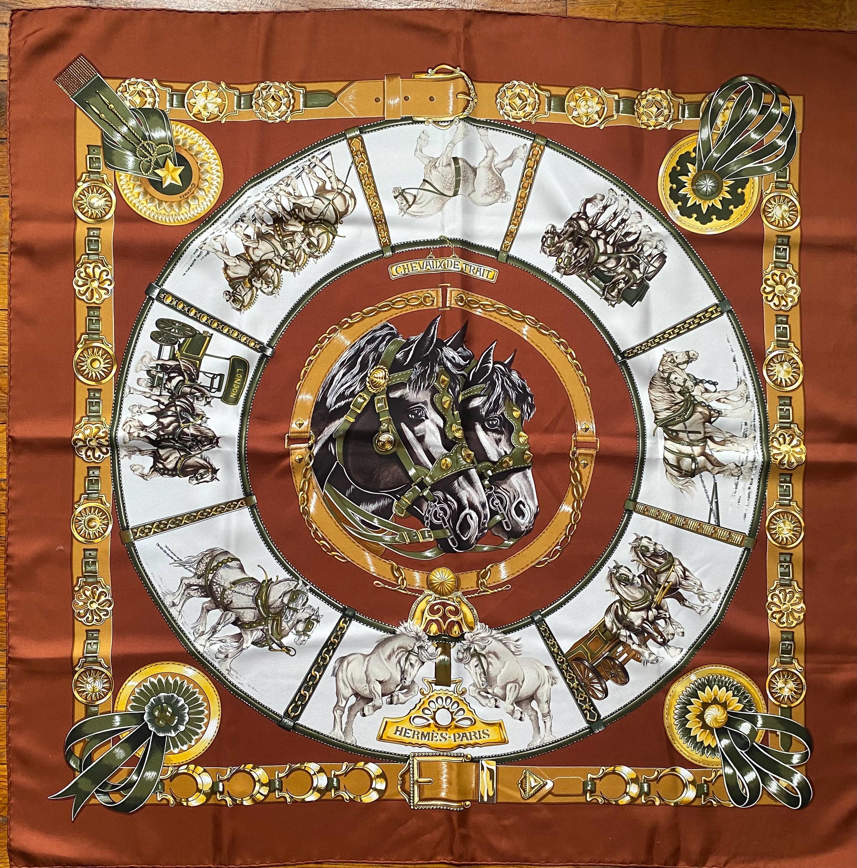 【専用です】Hermes ビンテージ カレ CHEVAUX DE TRAIT Hermès Vintage Chevaux De Trait Carre Brown and Gold Silk Twill