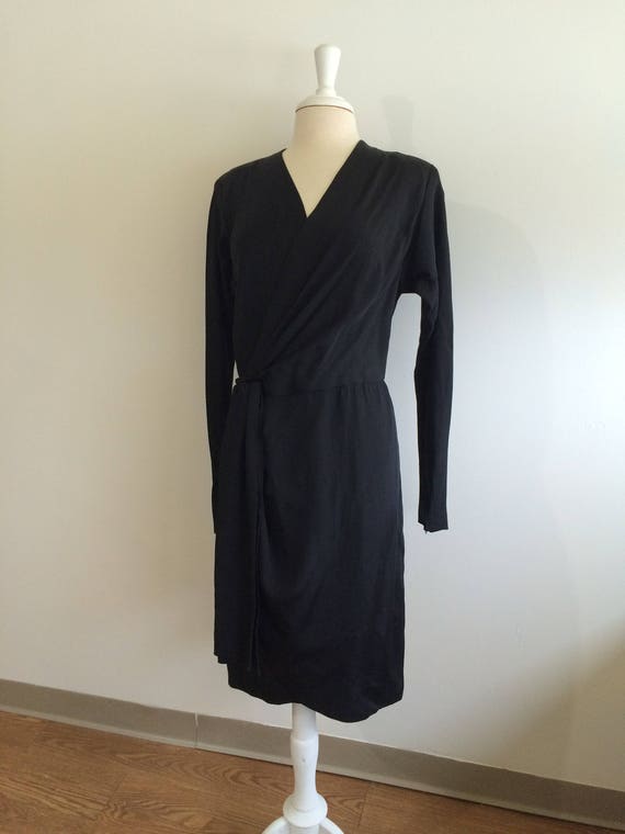 1980s Vintage Black Wrap Dress Soft silky jersey … - image 3