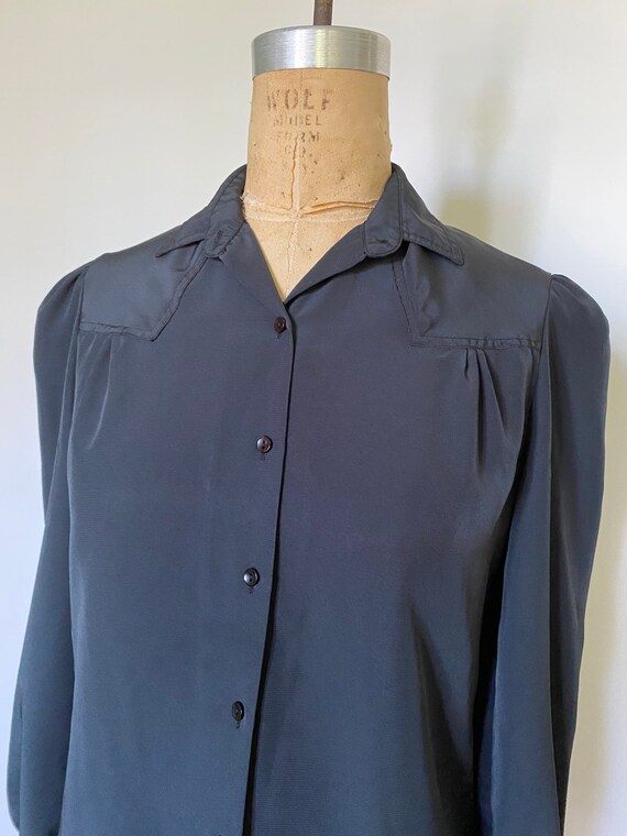 1980s black silky puffy sleeve blouse - image 4