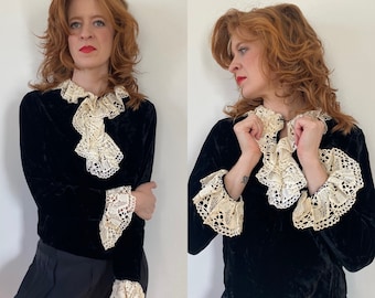 1960’s Black velvet top with lace ruffle collar